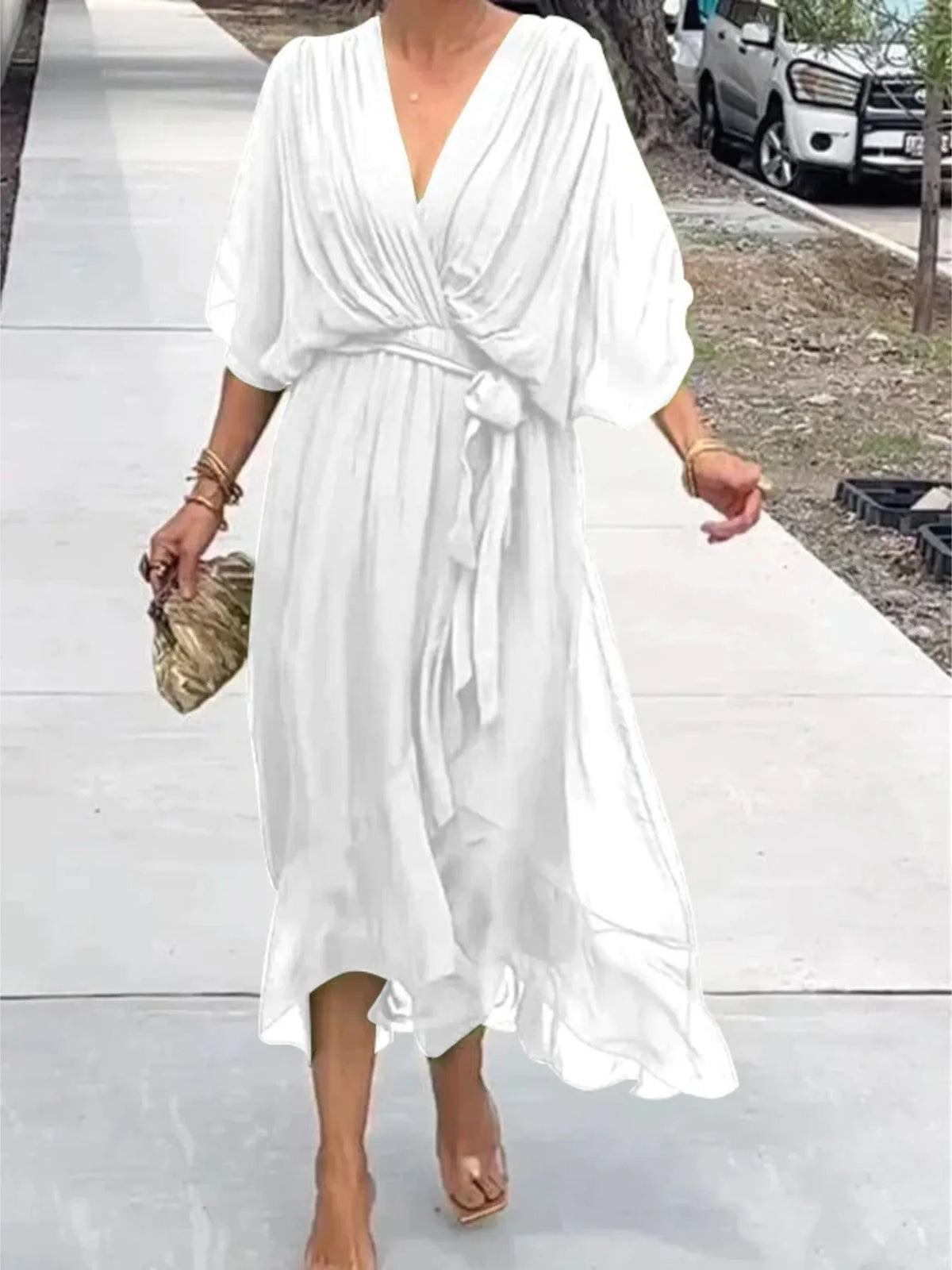 Full Size Flowy Tie Front Midi Dress with Flutter Sleeves Plus Size - Draped in Grace