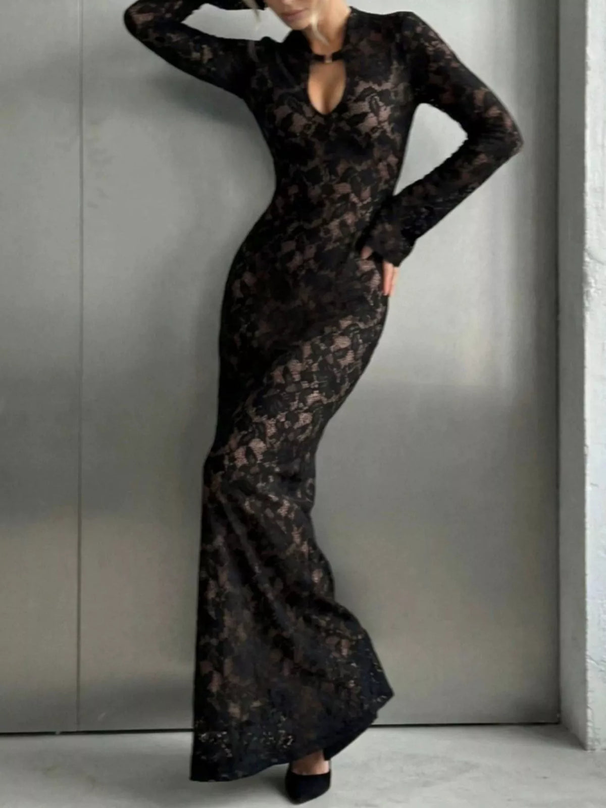 Lace Long-Sleeve Bodycon Maxi Dress - Draped in Grace