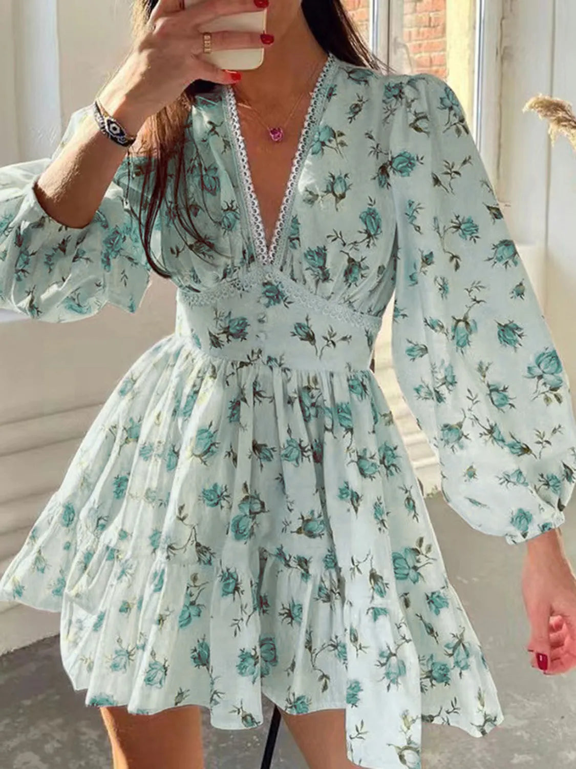 Lace Detail V-Neck Balloon Sleeve Dress - Draped in Grace