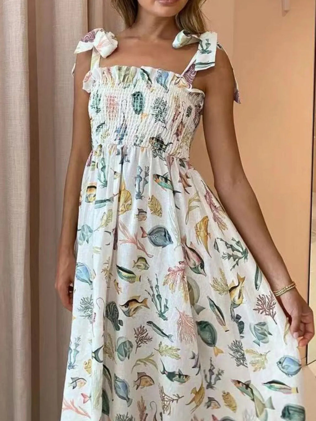 Floral Tie Shoulder Smocked Bodice Summer Dress - Draped in Grace