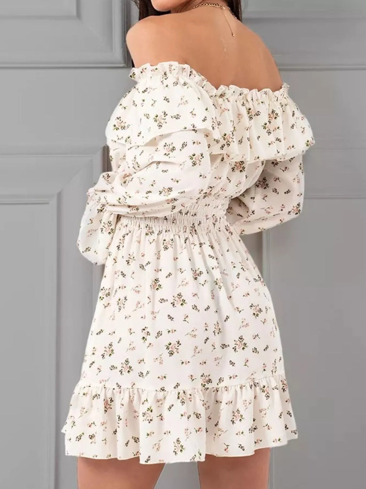Off-Shoulder Floral Print Ruffle Dress - Draped in Grace