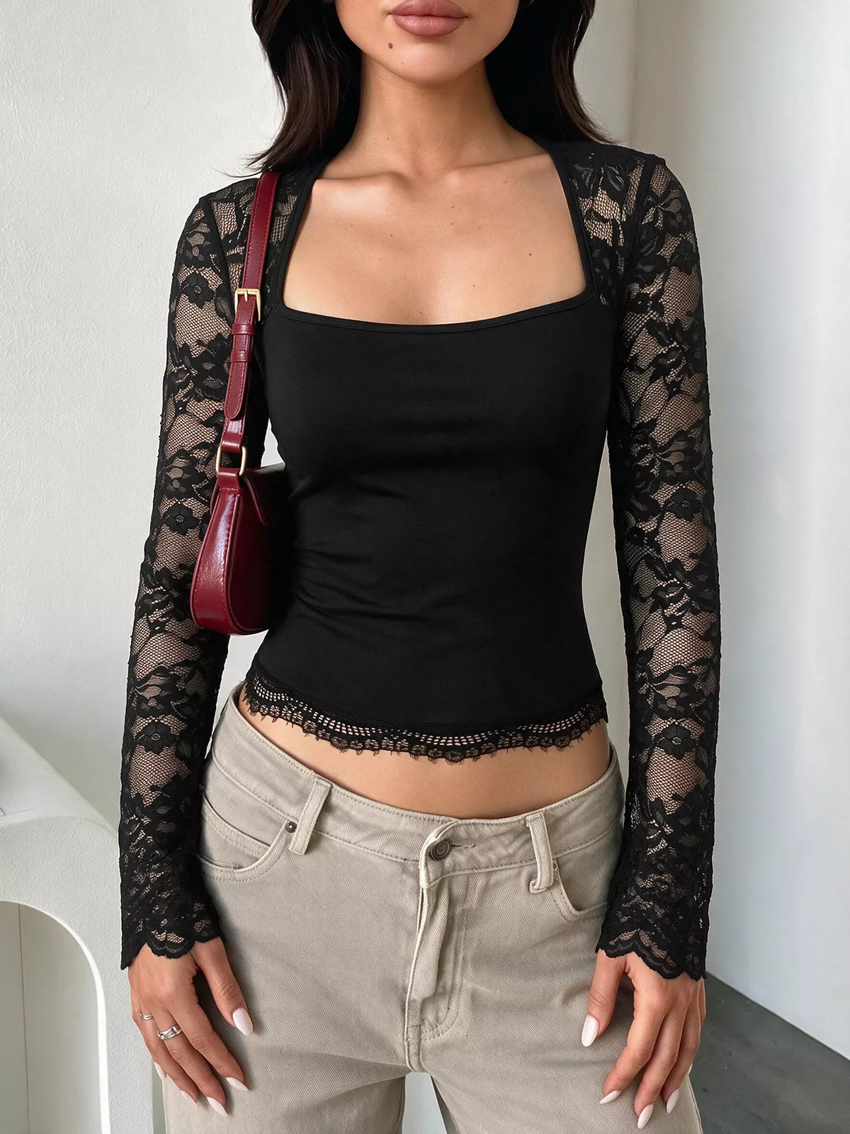 Lace Sleeve Square Neck Top - Draped in Grace