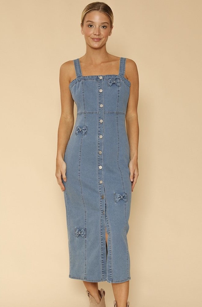 Denim Dress With Bow Detailing - Draped in Grace