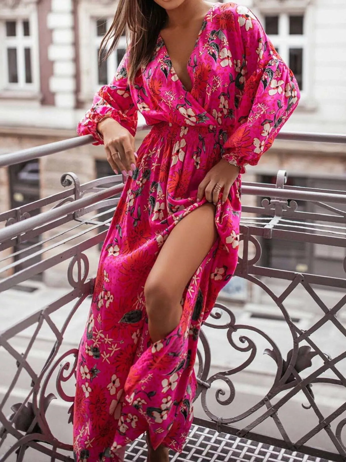 Bohemian Printed Maxi Dress with Plunging Neckline - Draped in Grace