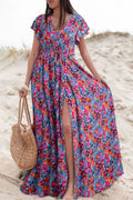Slit Printed Cap Sleeve Maxi Dress - Draped in Grace