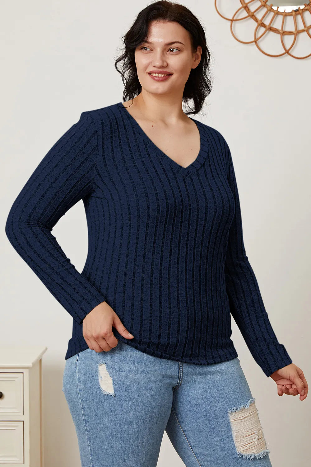 Basic Bae Full Size Ribbed V-Neck Long Sleeve T-Shirt - Draped in Grace