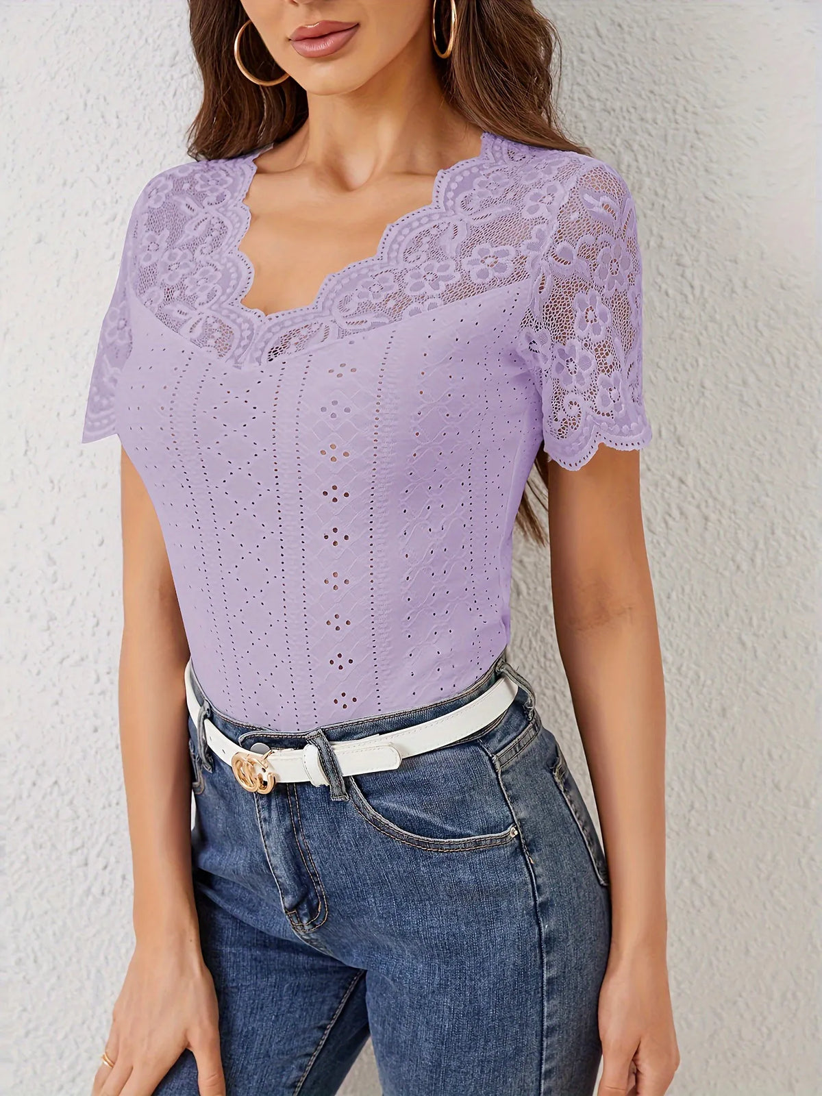 Lace Scalloped V-Neck Eyelet T-Shirt - Draped in Grace