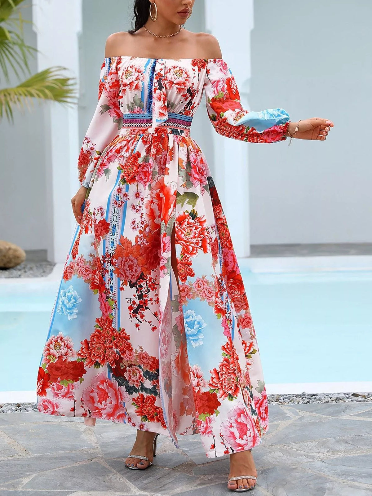 Slit Printed Off Shoulder Maxi Dress - Draped in Grace