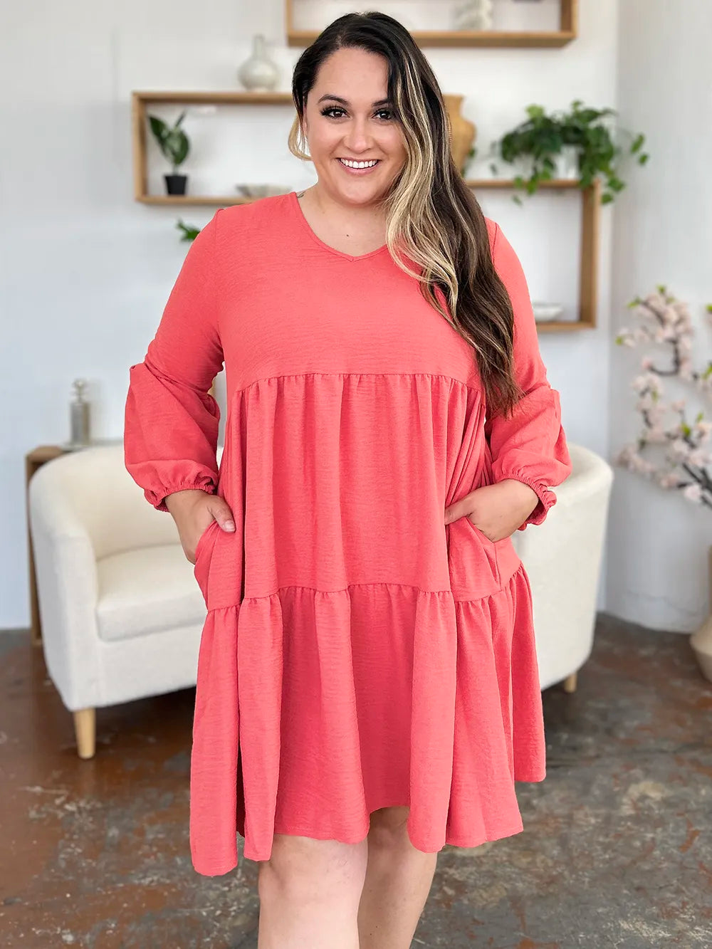 Double Take Full Size V-Neck Balloon Sleeve Tiered Dress with Pockets - Draped in Grace