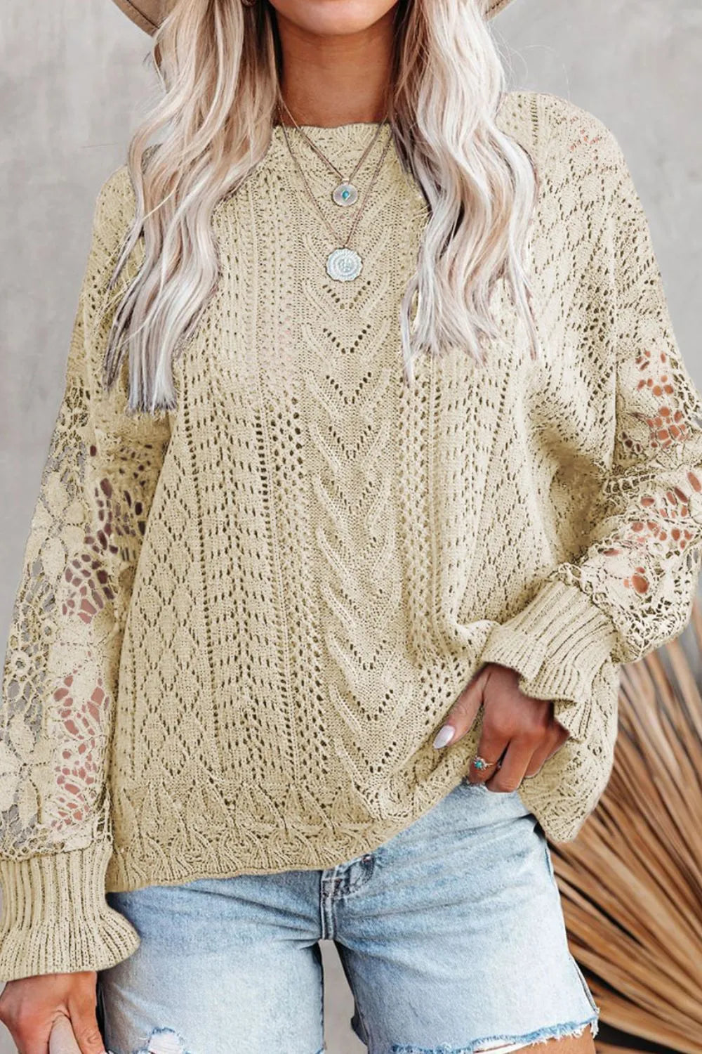 Openwork Round Neck Long Sleeve Sweater - Draped in Grace