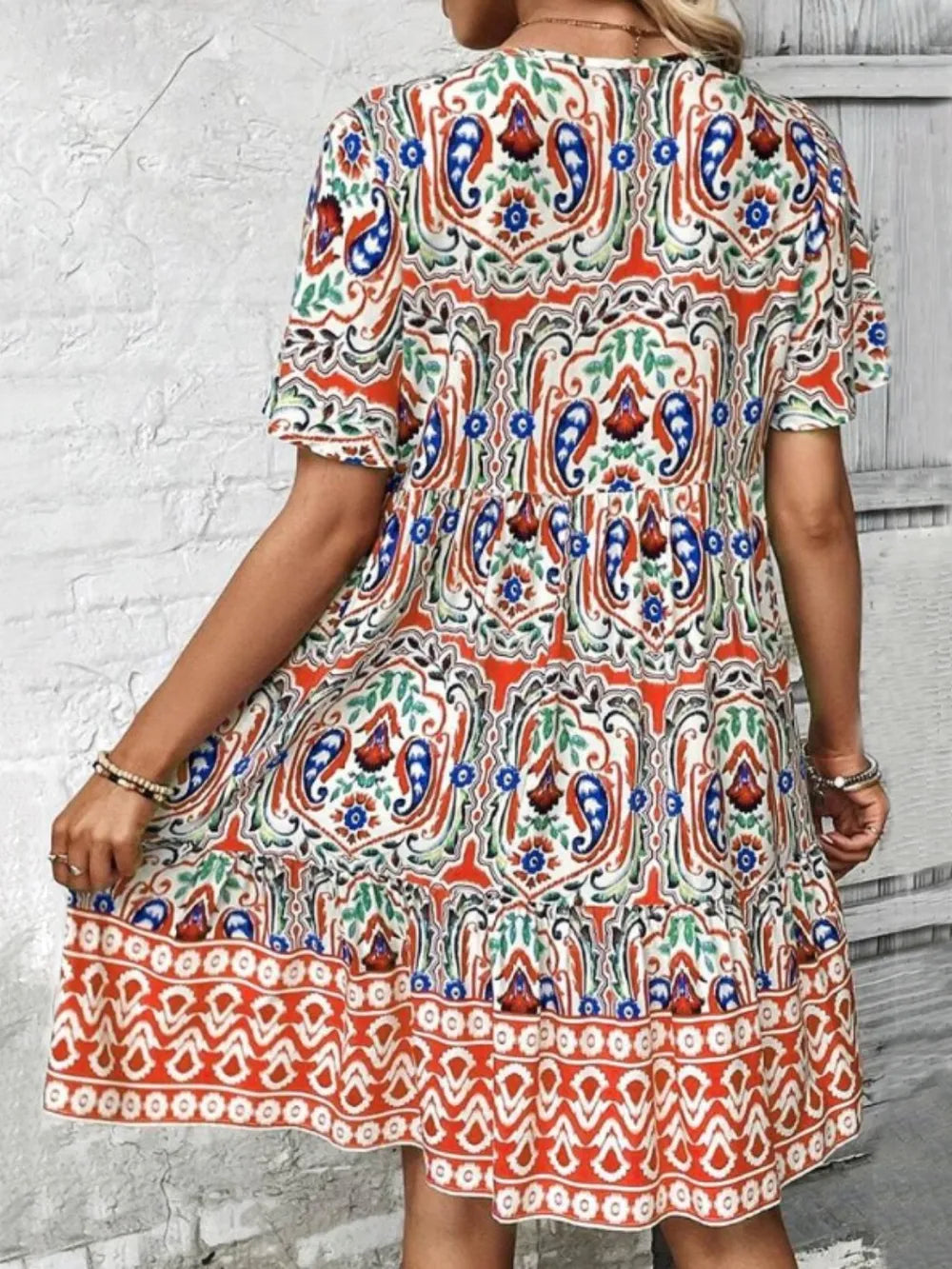 Printed Tie Neck Short Sleeve Dress - Draped in Grace