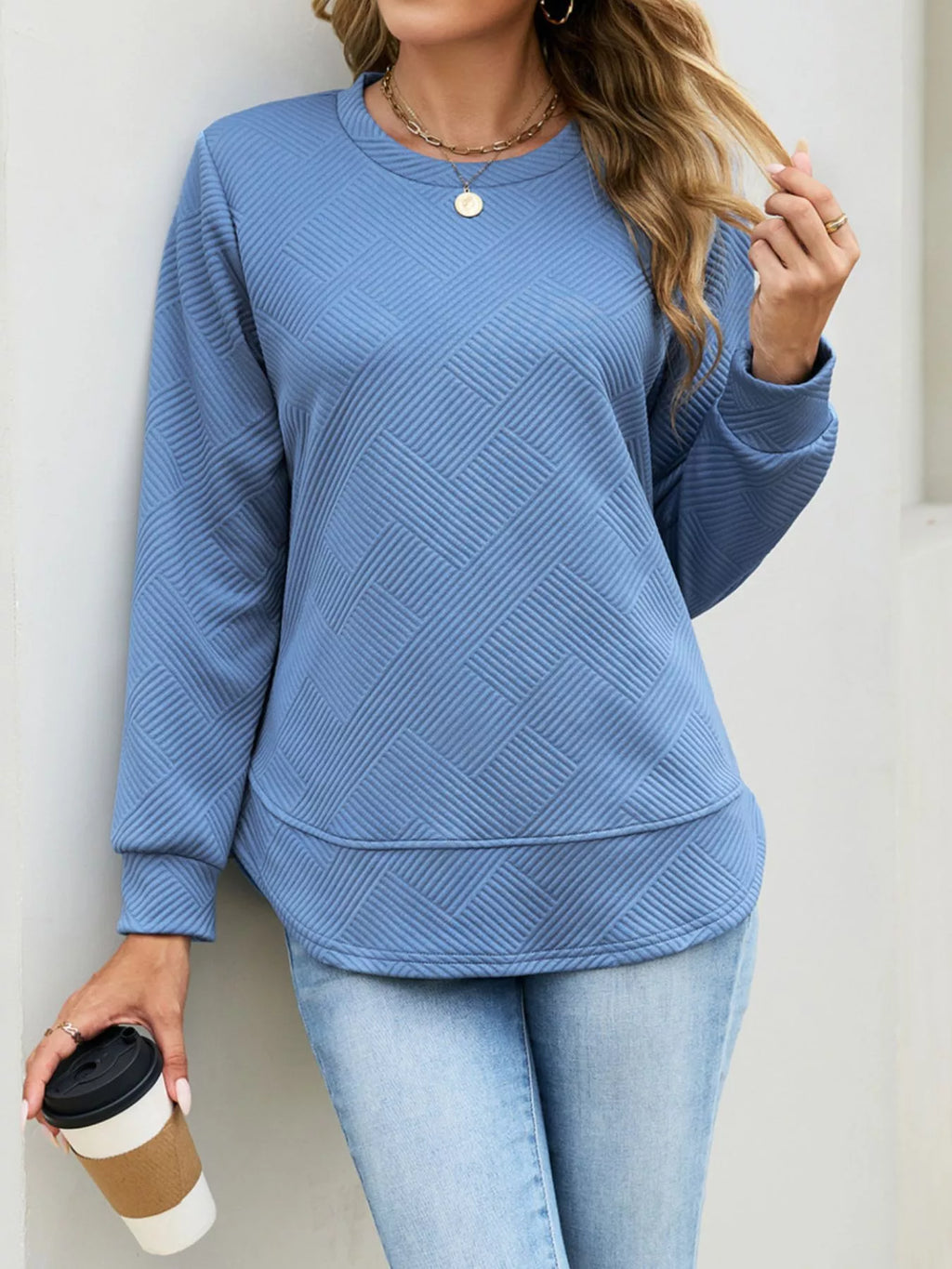 Textured Crew Neck Sweatshirt - Draped in Grace