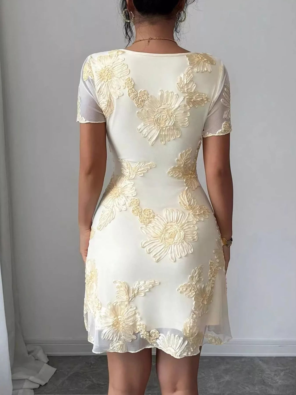 Floral Mesh Short Sleeve Mini Dress - Draped in Grace