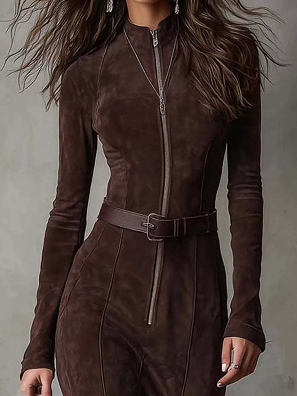 Full Size Slit Zip-Front Long Sleeve Maxi Dress with Belt Plus Size - Draped in Grace