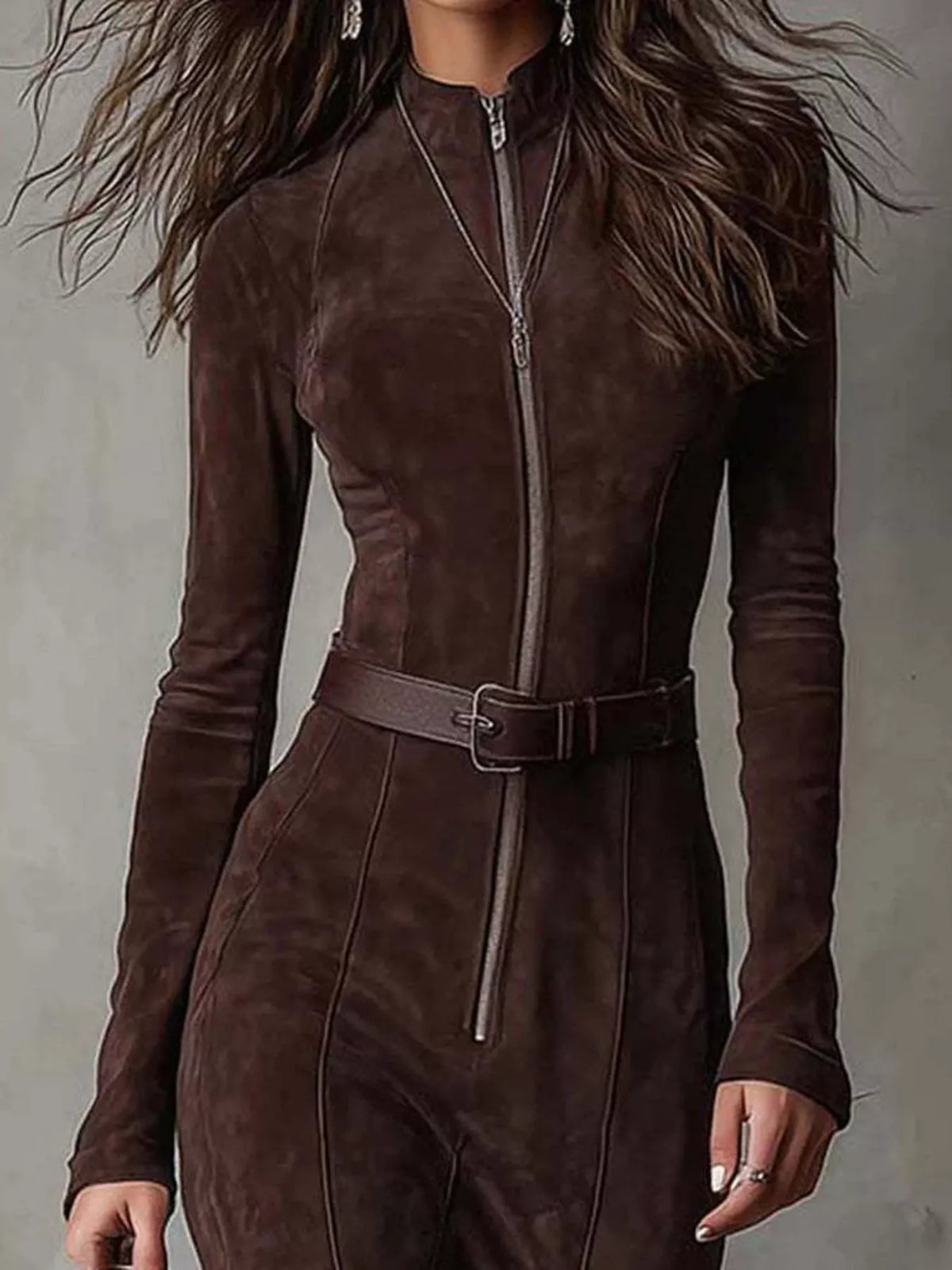 Full Size Slit Zip-Front Long Sleeve Maxi Dress with Belt Plus Size - Draped in Grace