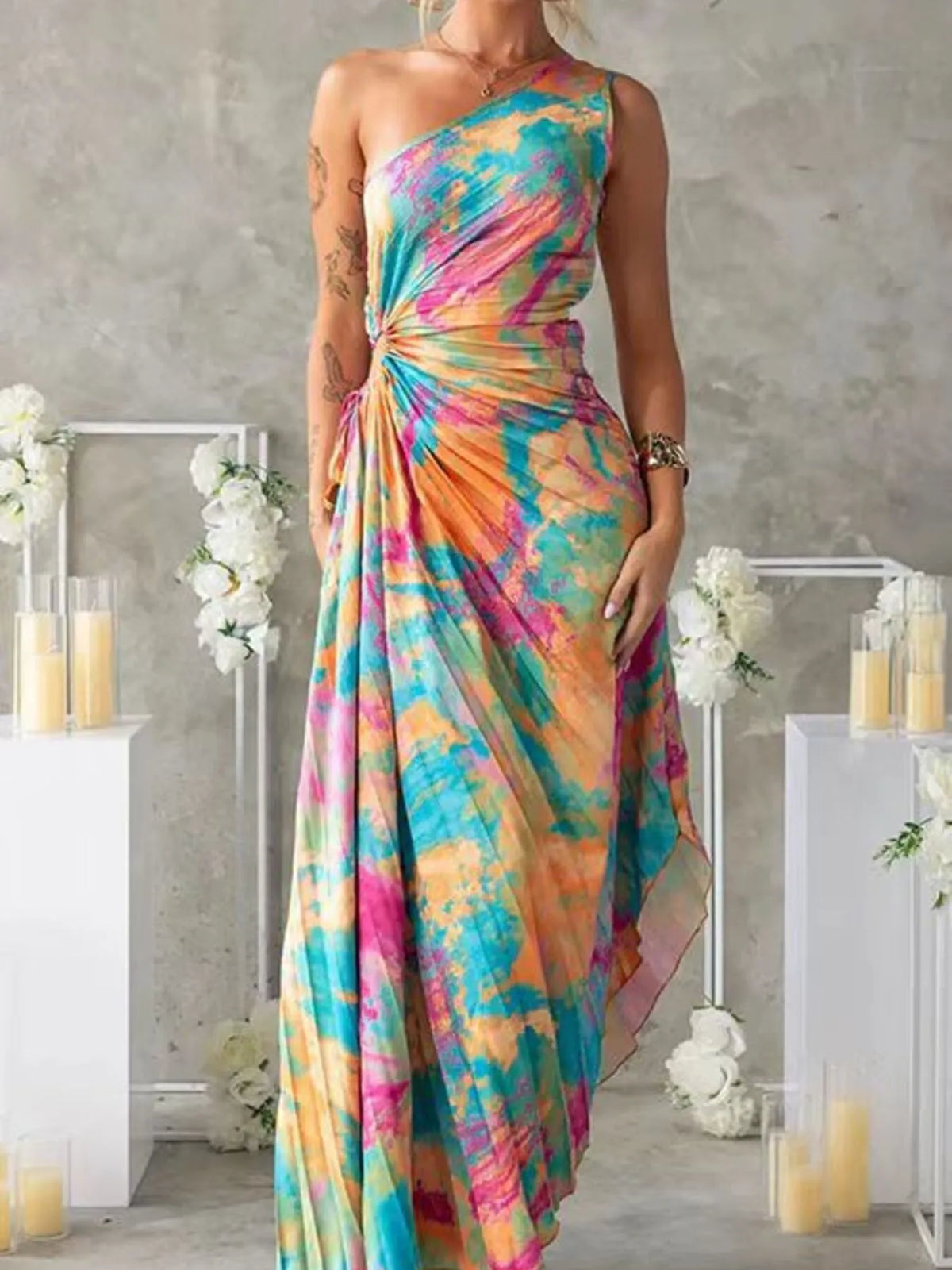 Printed One Shoulder Asymmetrical Maxi Dress - Draped in Grace