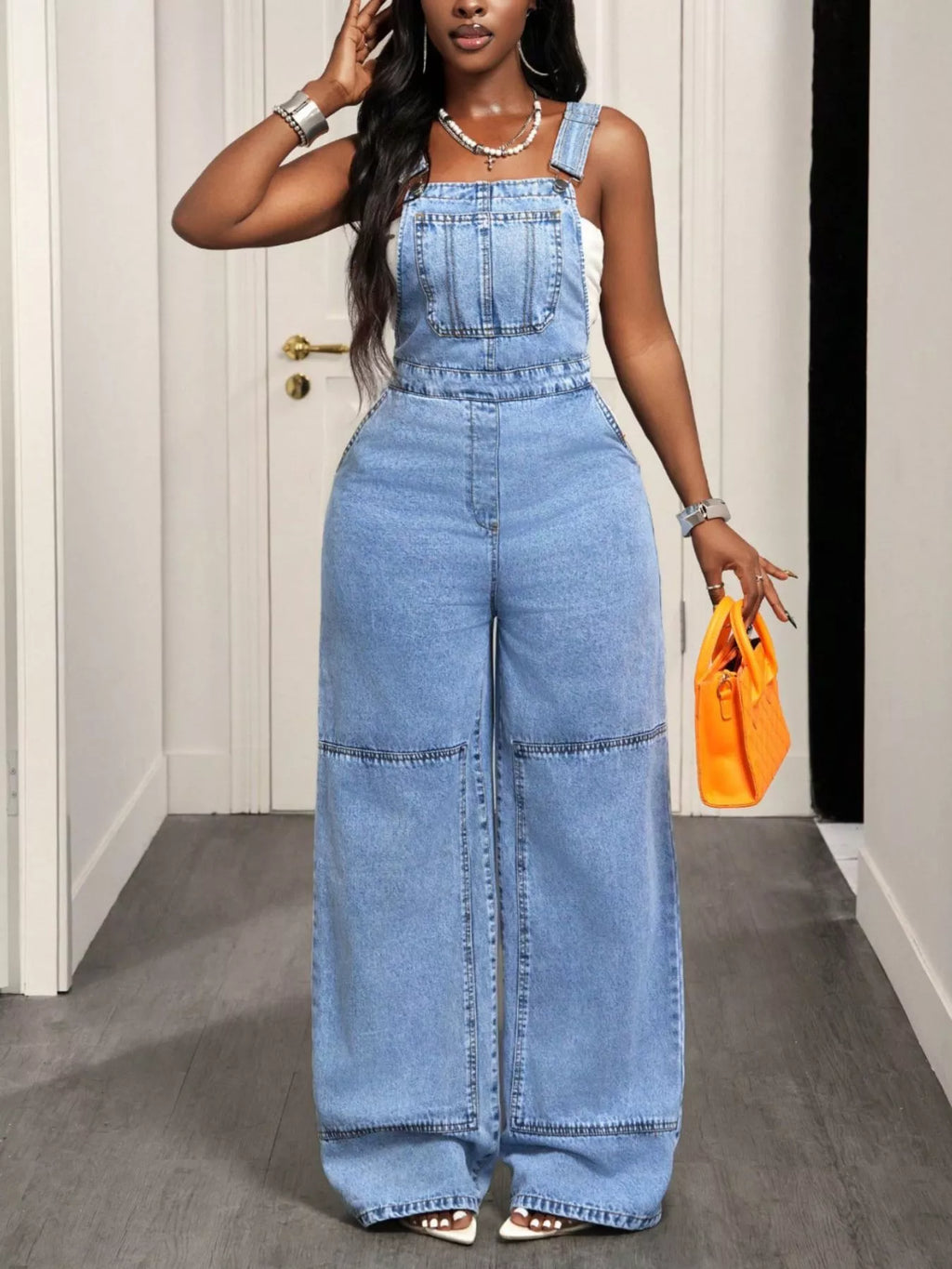 Wide Strap Wide Leg Denim Overalls - Draped in Grace