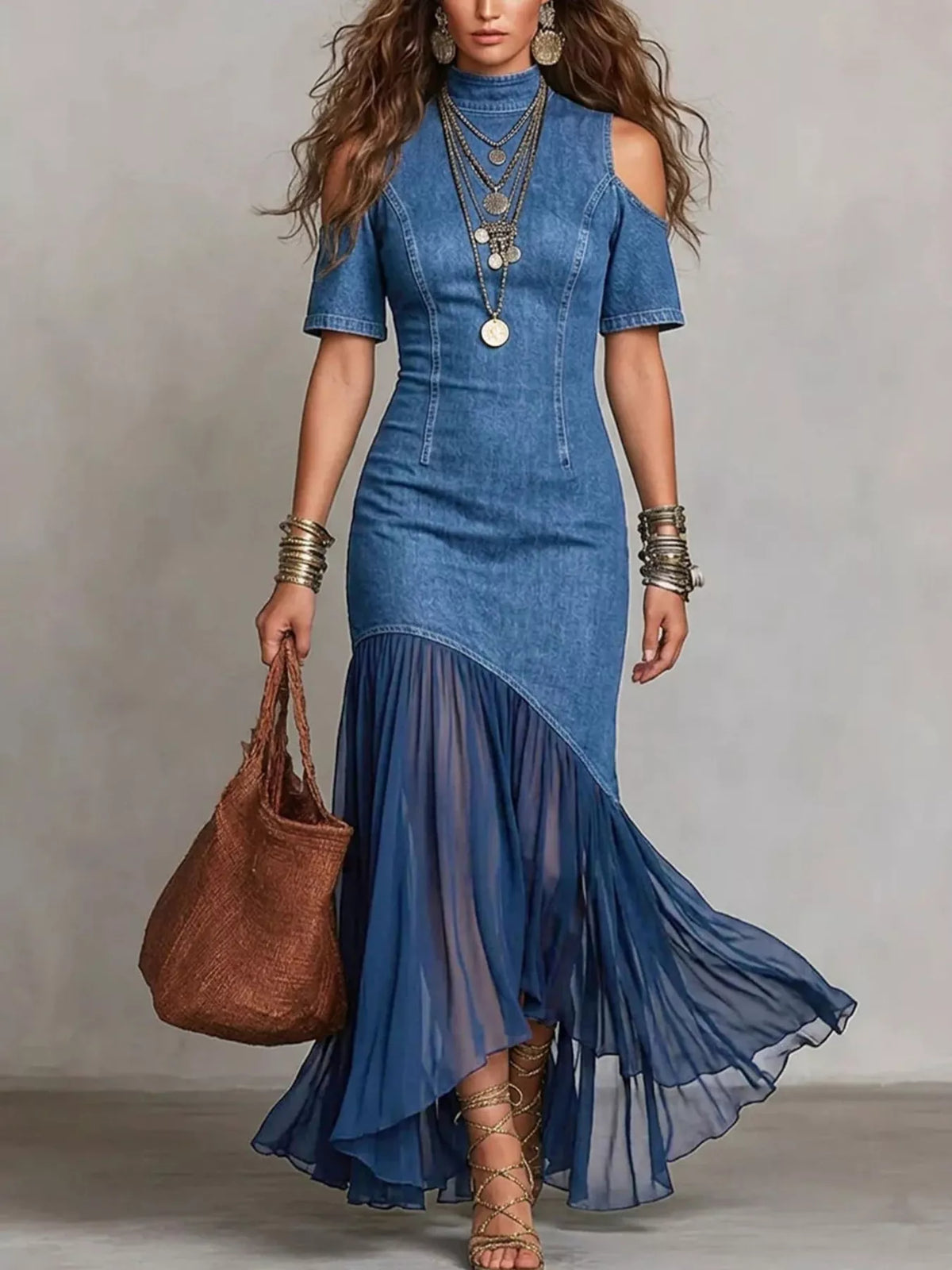 Cold Shoulder Ruffle Hem Maxi Dress - Draped in Grace