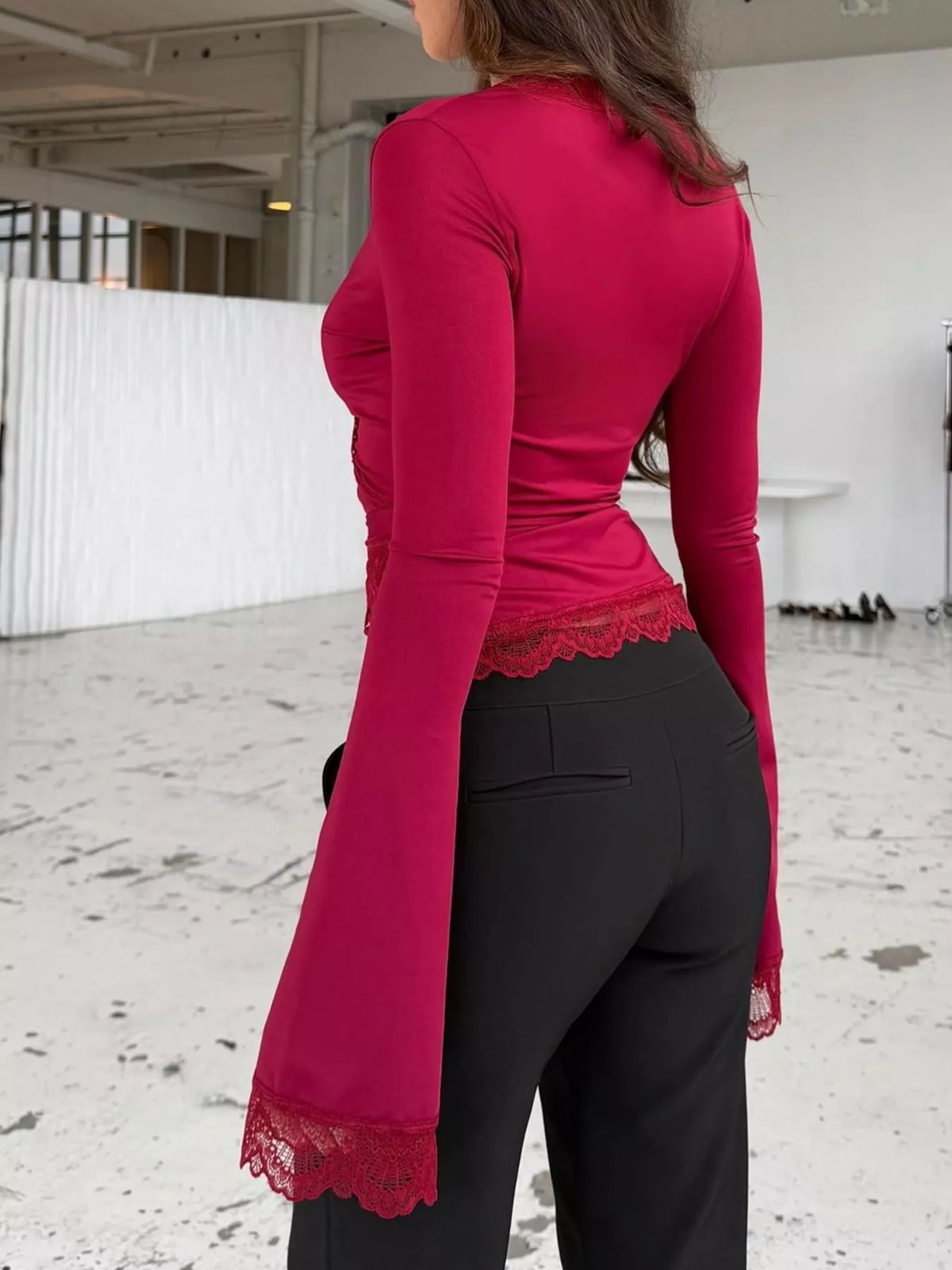 Lace-Trimmed Long Sleeve Wrap T-Shirt - Draped in Grace