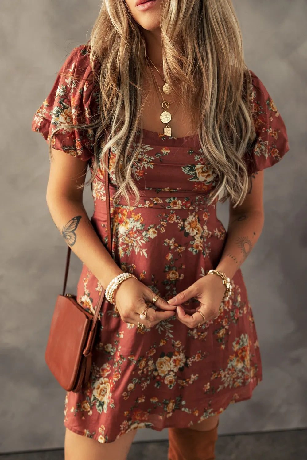 Floral Puff Sleeve Square Neck Knot Open Back Mini Dress - Draped in Grace