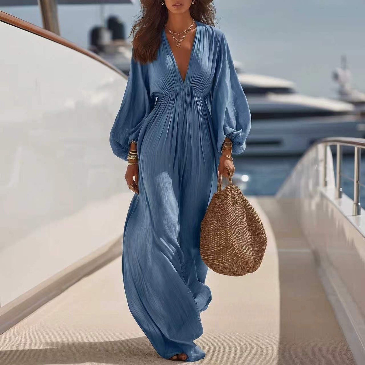 Elegant High-waisted Long-sleeve V-neck Womens Dress - Draped in Grace