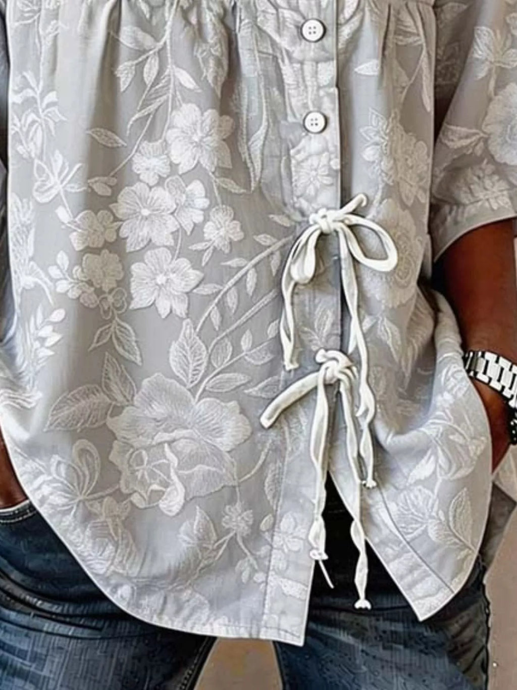 Full Size Embroidered Floral Tie Front Shirt Plus Size - Draped in Grace