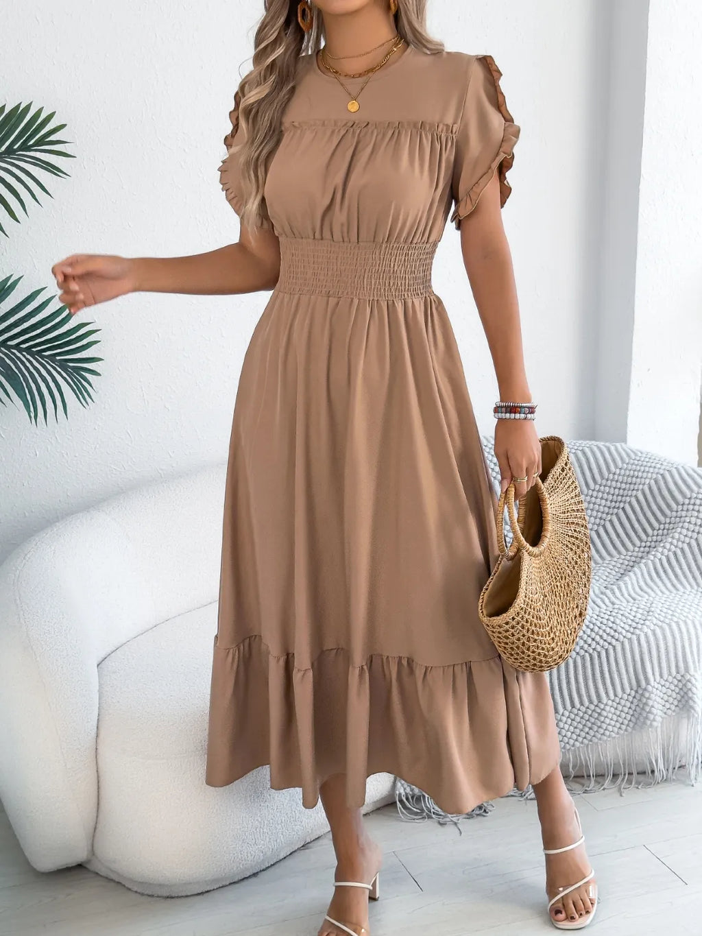 Smocked Frill Round Neck Midi Dress - Draped in Grace