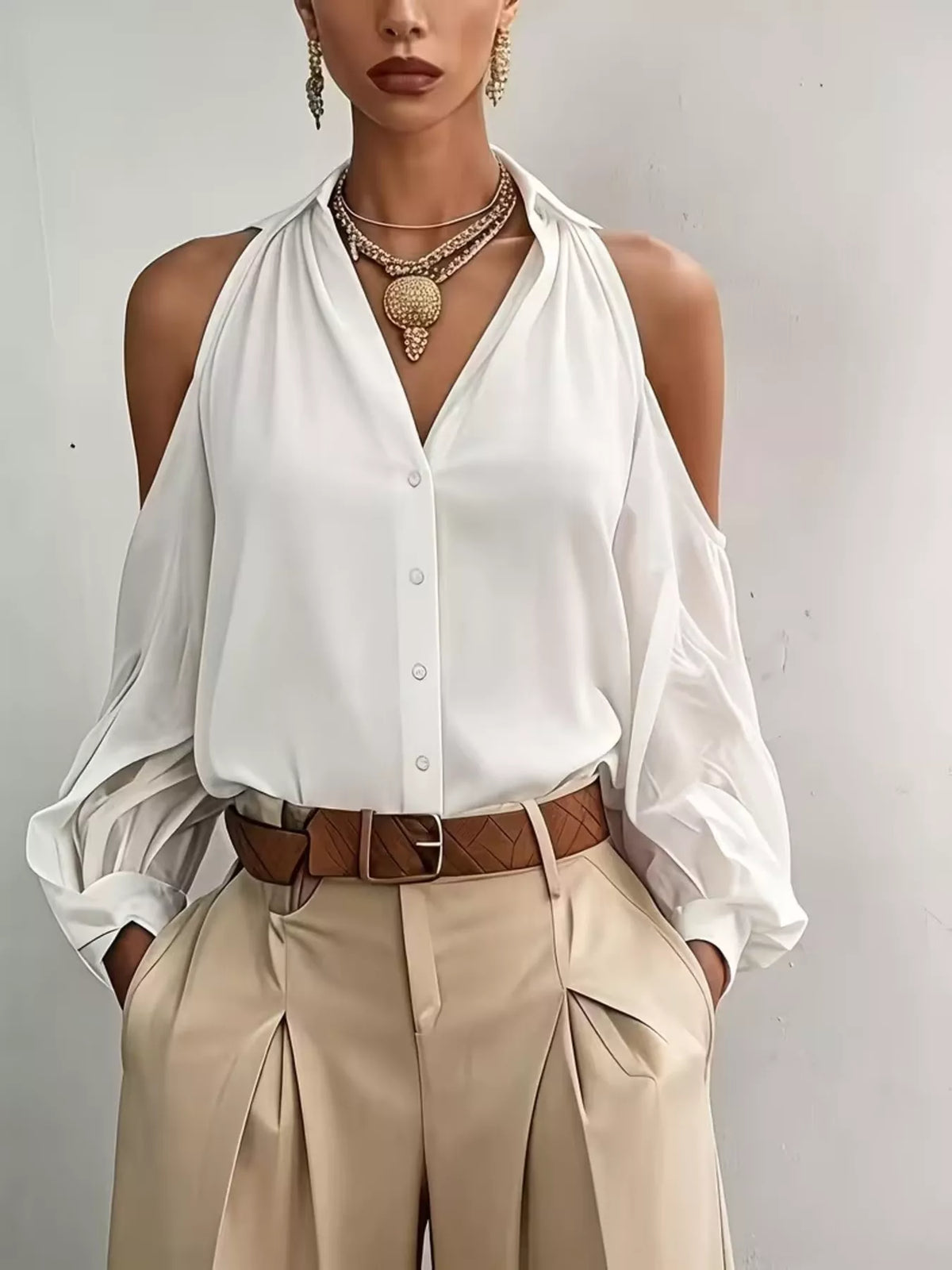 Cold-Shoulder Button-Down Shirt - Draped in Grace