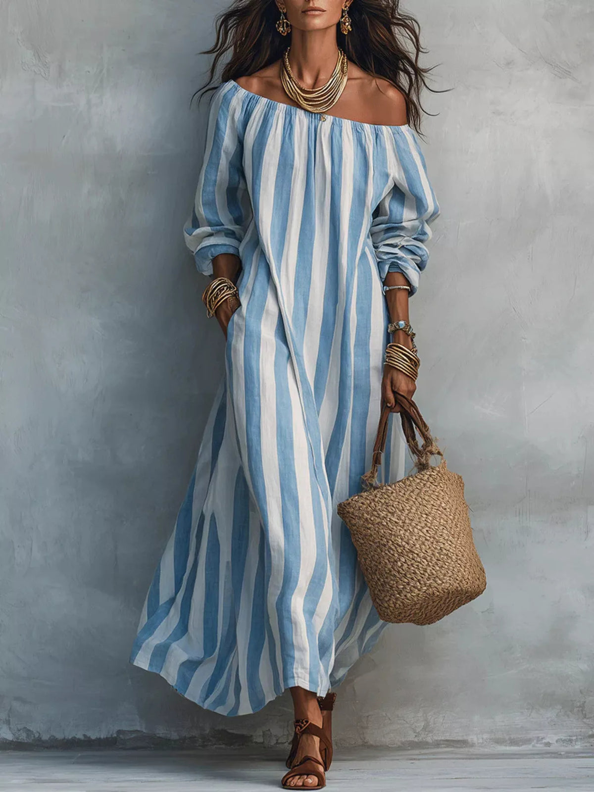 Off-Shoulder Striped Dress with Pockets - Draped in Grace