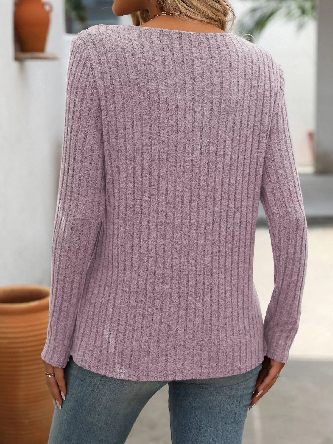 Ribbed Knit Long Sleeve Button Detail T-Shirt - Draped in Grace