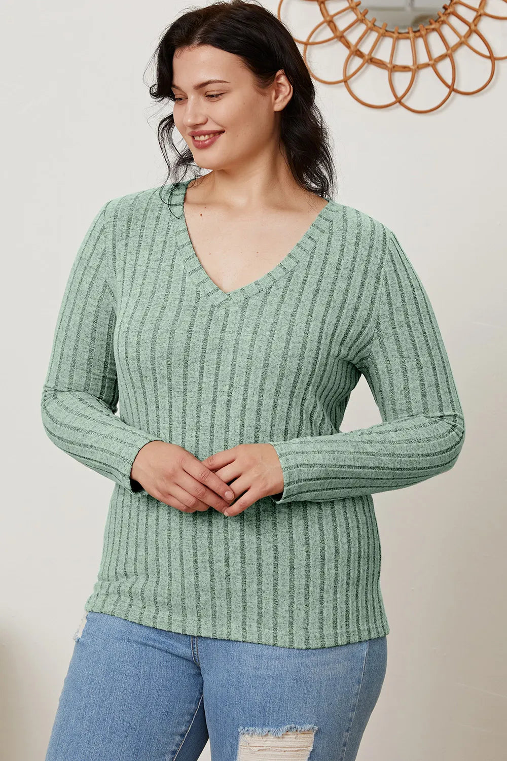 Basic Bae Full Size Ribbed V-Neck Long Sleeve T-Shirt - Draped in Grace