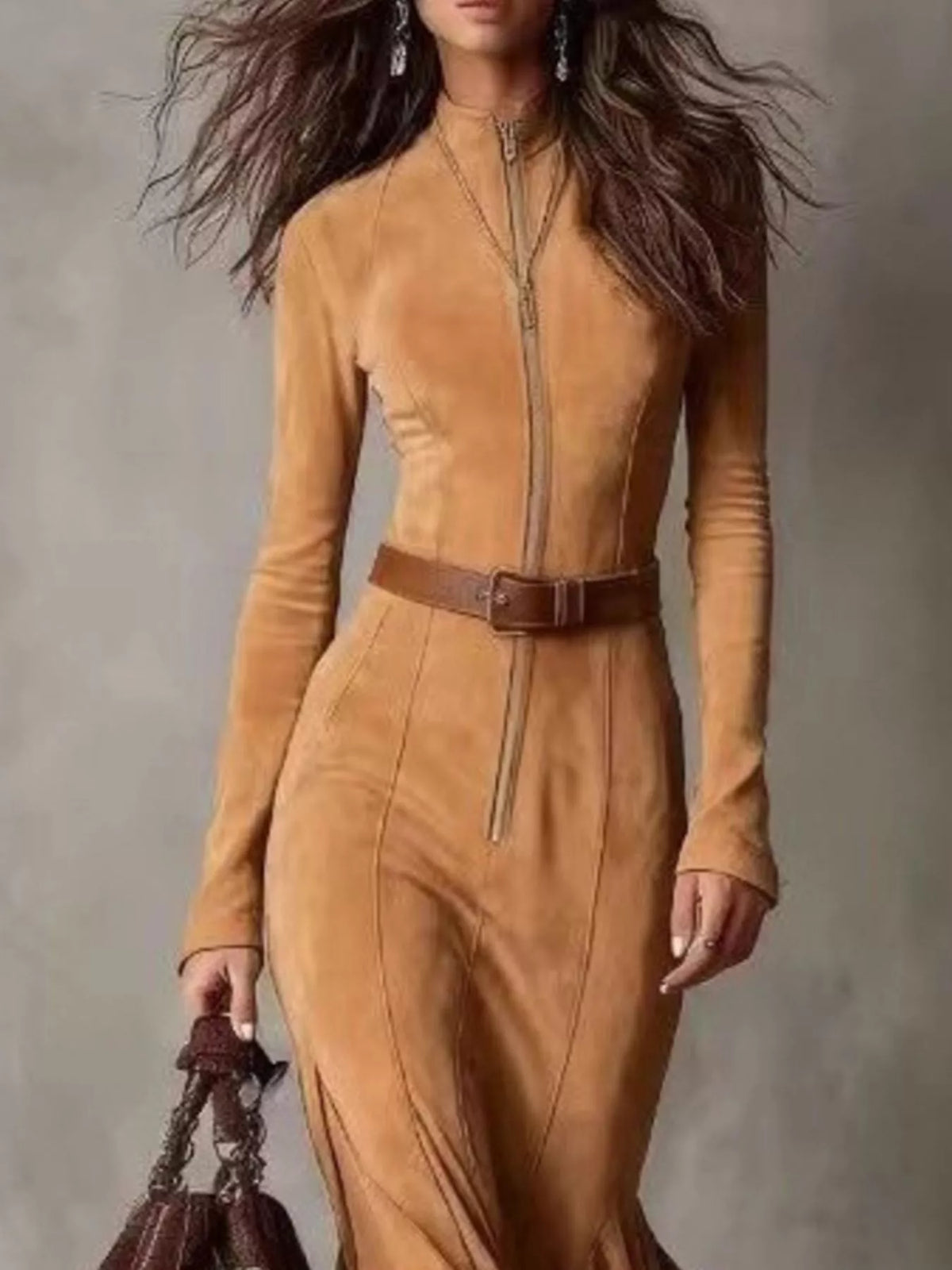 Full Size Slit Zip-Front Long Sleeve Maxi Dress with Belt Plus Size - Draped in Grace