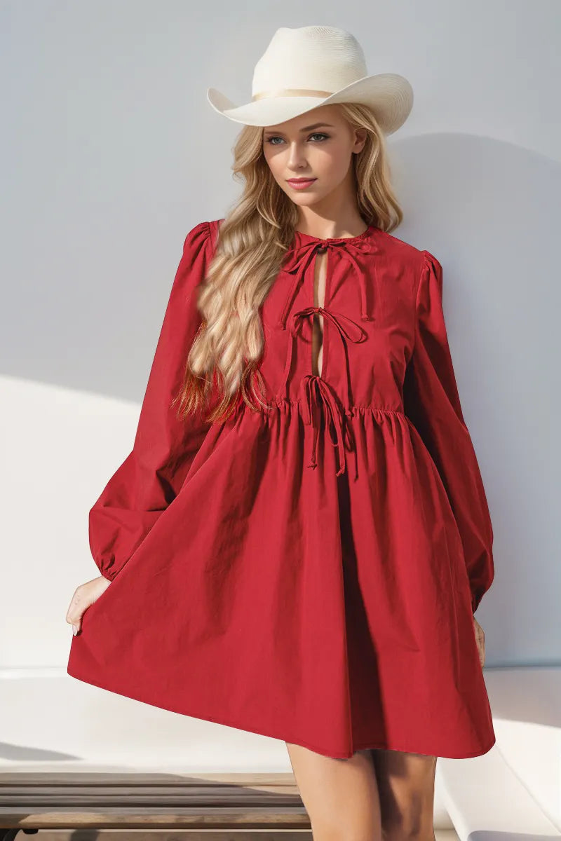 Double Take Christmas Front Tied Long Sleeve Mini Dress - Draped in Grace