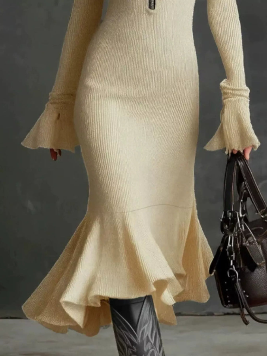 Full Size Quarter-Zip Mermaid Hem Knit Dress Plus Size - Draped in Grace