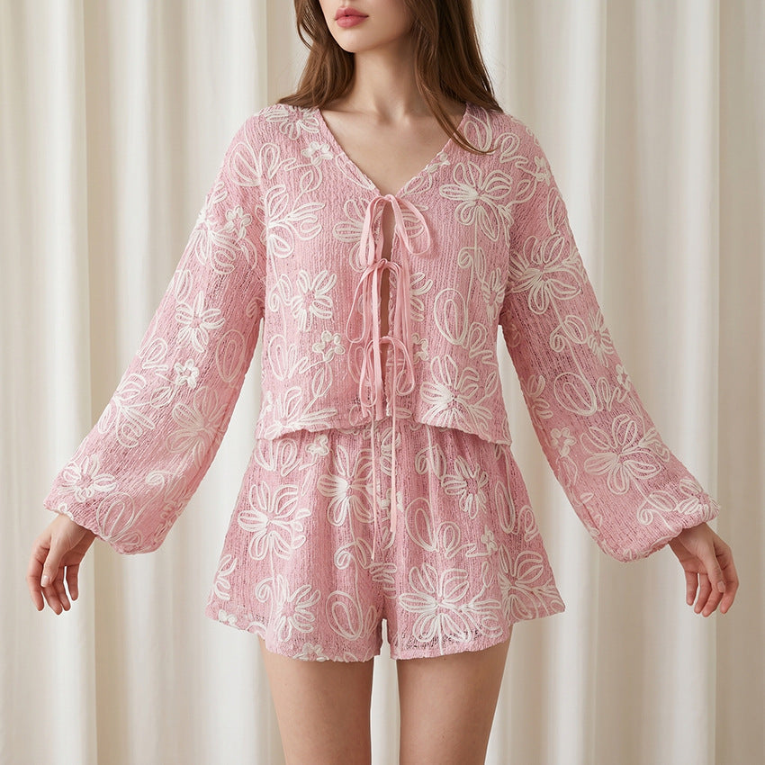 Jacquard Macaron-colored V-neck Long-sleeve Belted Top And Shorts Two-piece Set - Draped in Grace