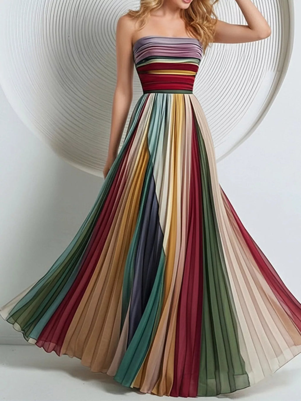 Striped Pleated Tube Maxi Dress - Draped in Grace