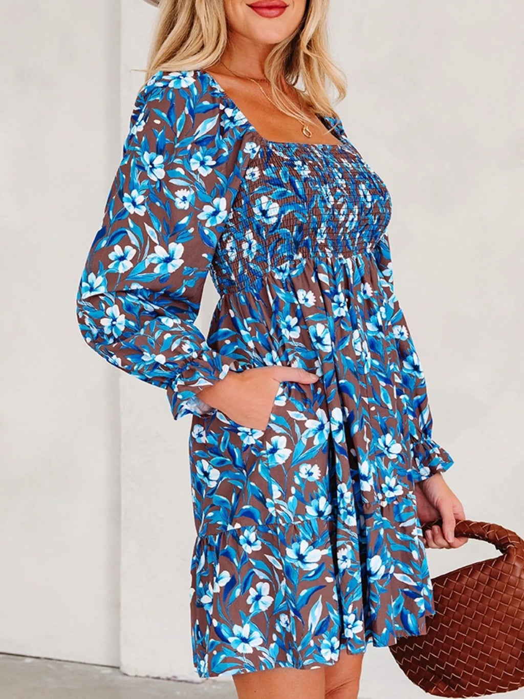 Smocked Bodice High Waist Ruffled Sleeve Floral Dress - Draped in Grace