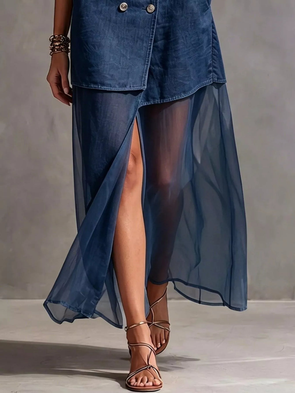 Sleeveless Double-Breasted Denim Maxi Dress - Draped in Grace