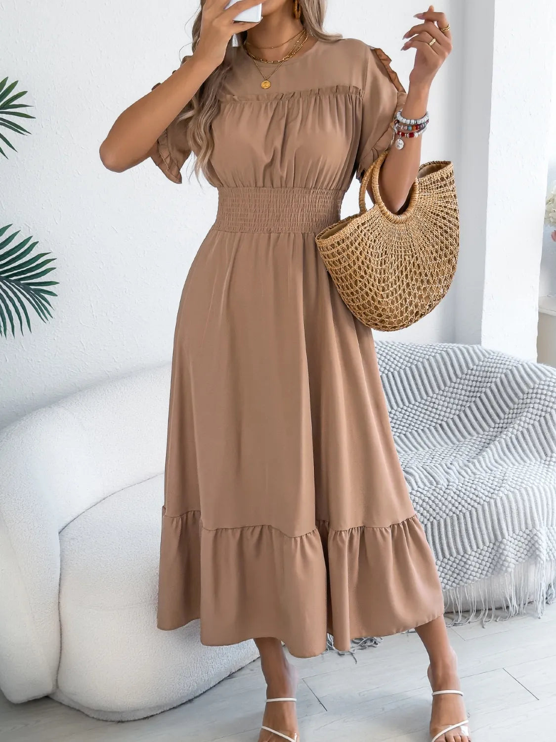 Smocked Frill Round Neck Midi Dress - Draped in Grace