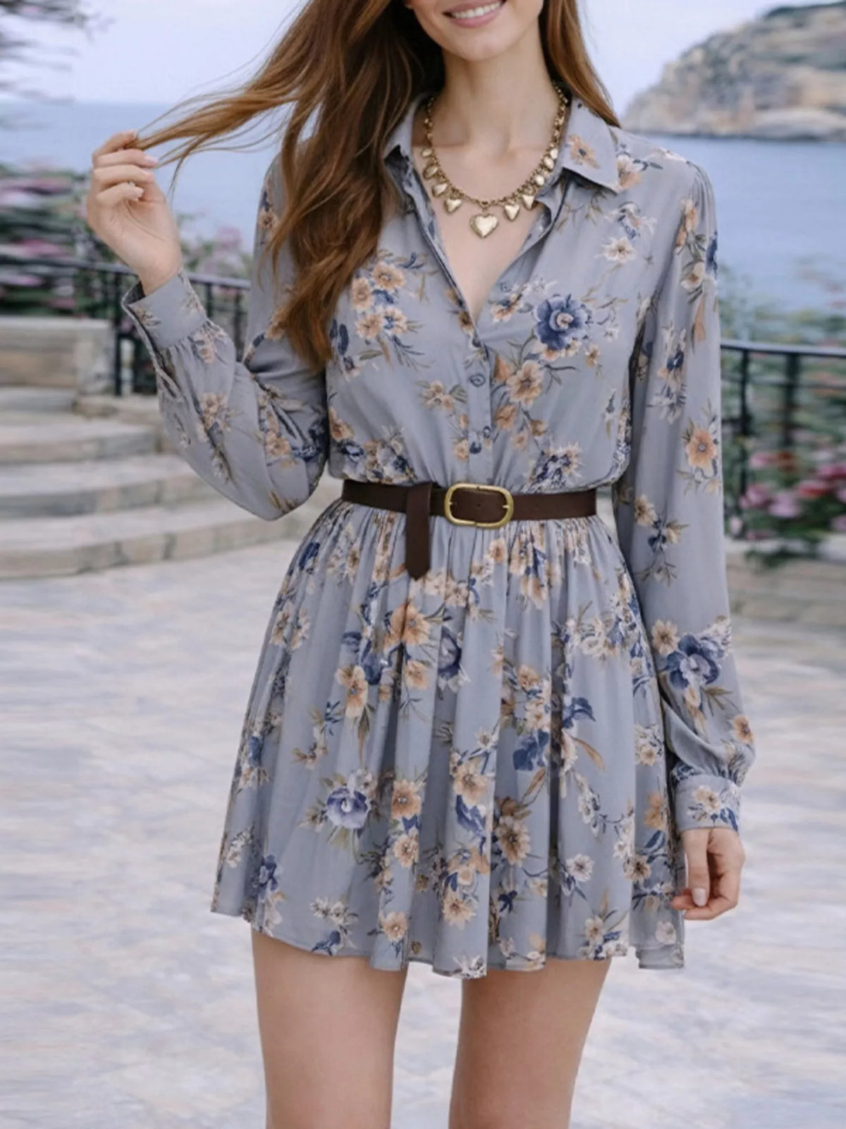 Full Size Floral Print Long Sleeve Shirt Dress Plus Size - Draped in Grace