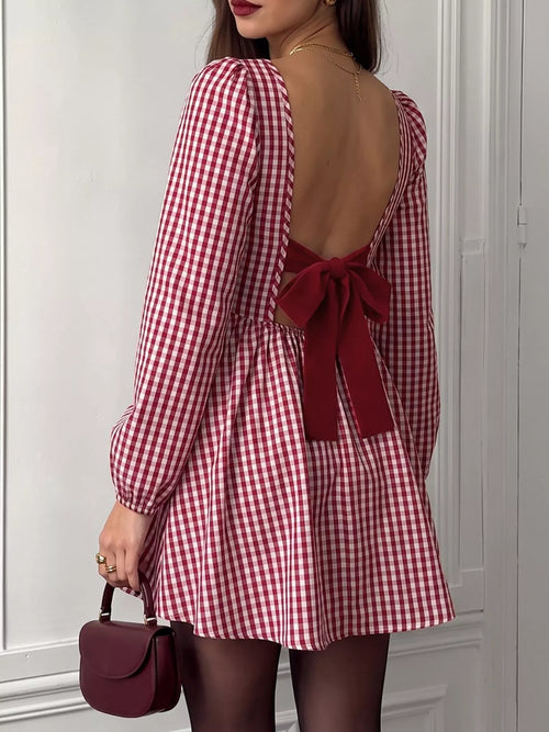 Backless Plaid Long Sleeve Dress - Draped in Grace