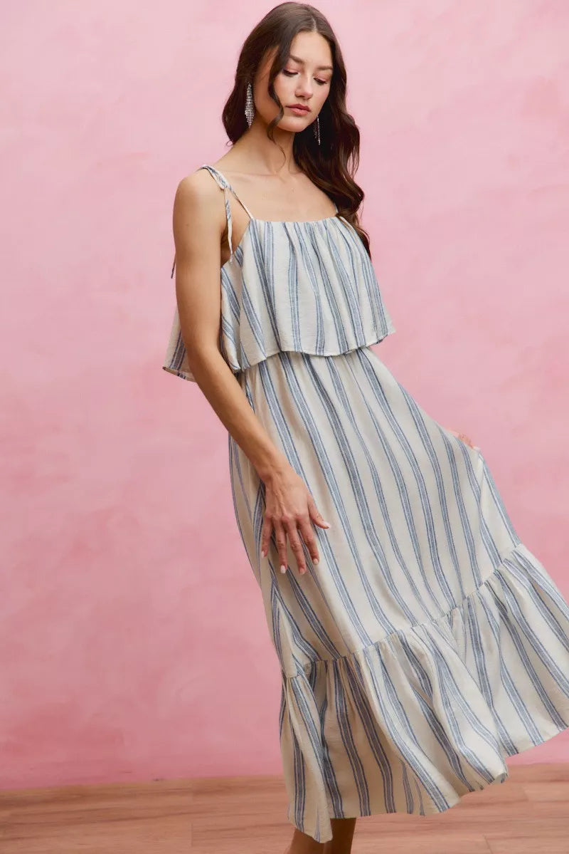 SO ME Stripe Tiered Shoulder Tie Midi Lined Dress - Draped in Grace