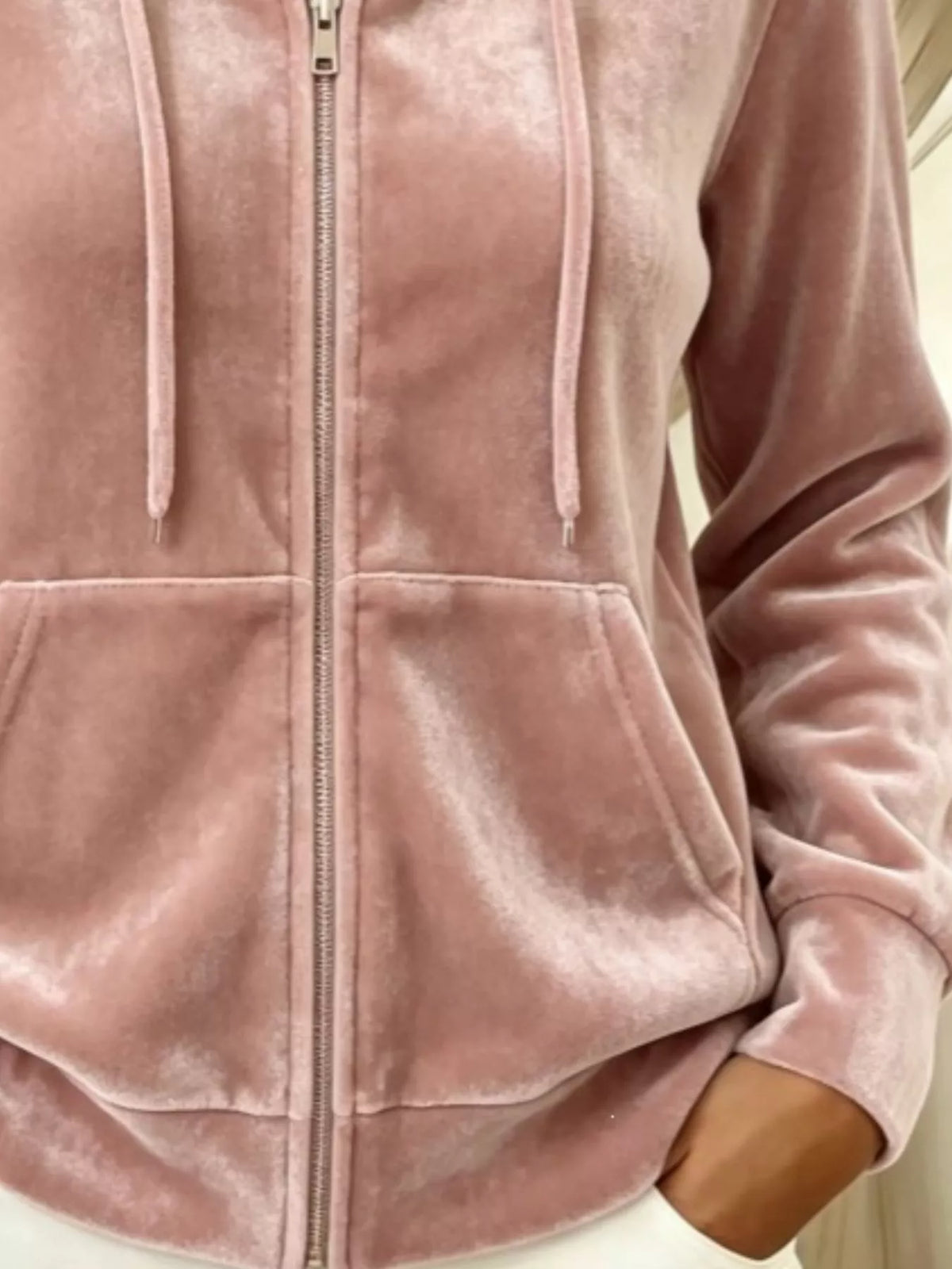 Full Size Velvet Zip-Up Hoodie with Drawstring Plus Size - Draped in Grace