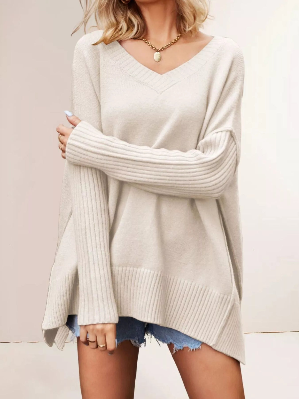 V-Neck Ribbed Sleeve Sweater - Draped in Grace