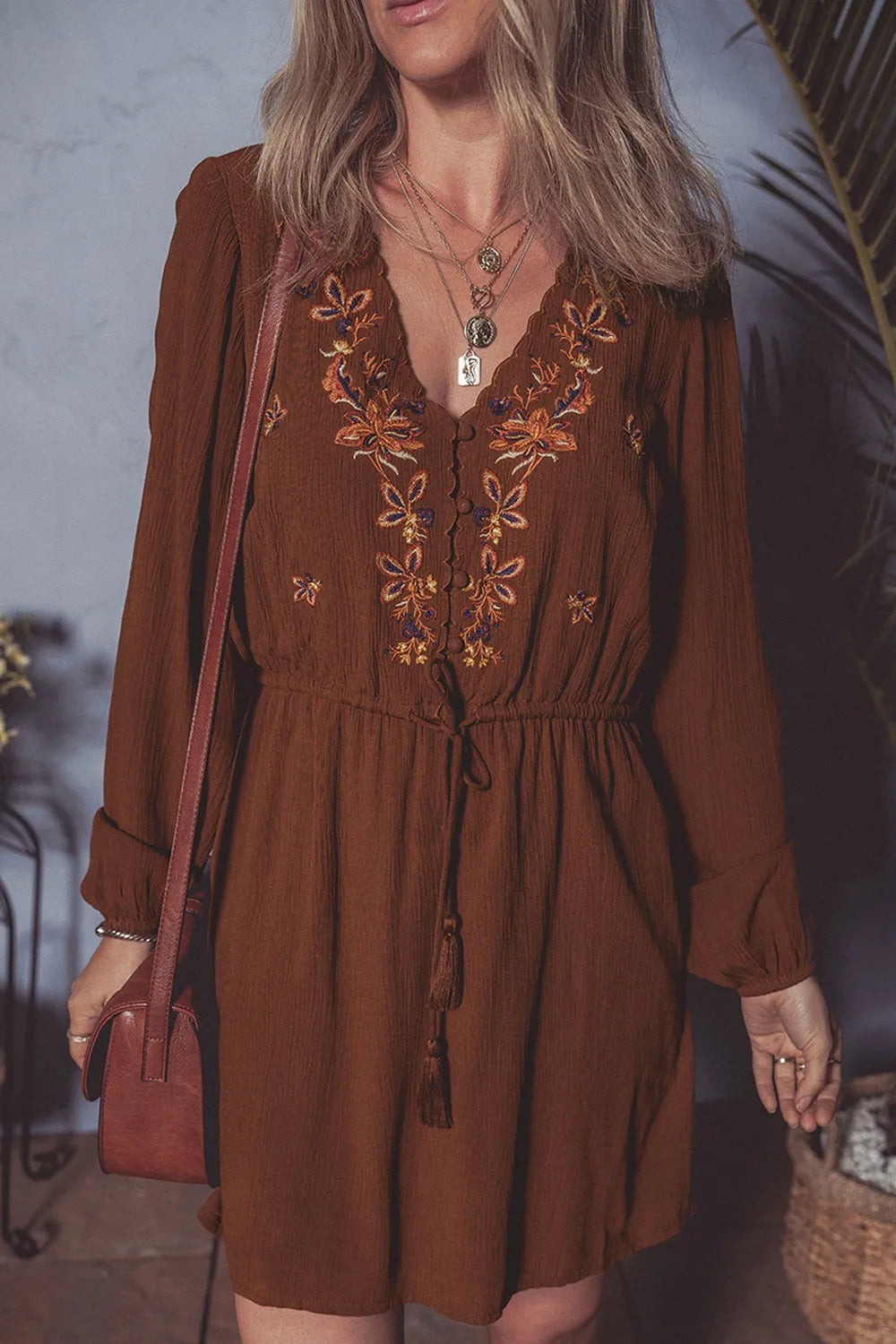 Floral Embroidered Long Sleeve Mini Dress - Draped in Grace