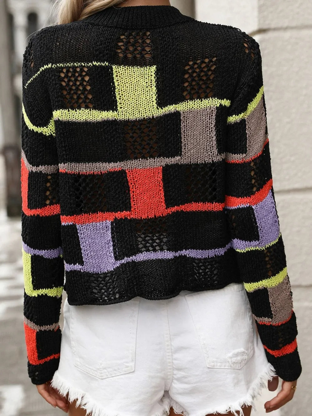 Openwork Color Block Round Neck Sweater - Draped in Grace