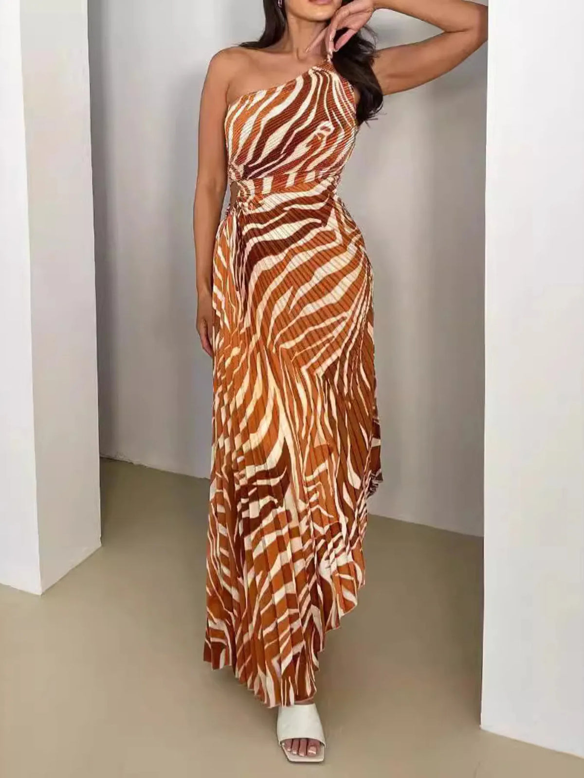 Printed One Shoulder Asymmetrical Maxi Dress - Draped in Grace