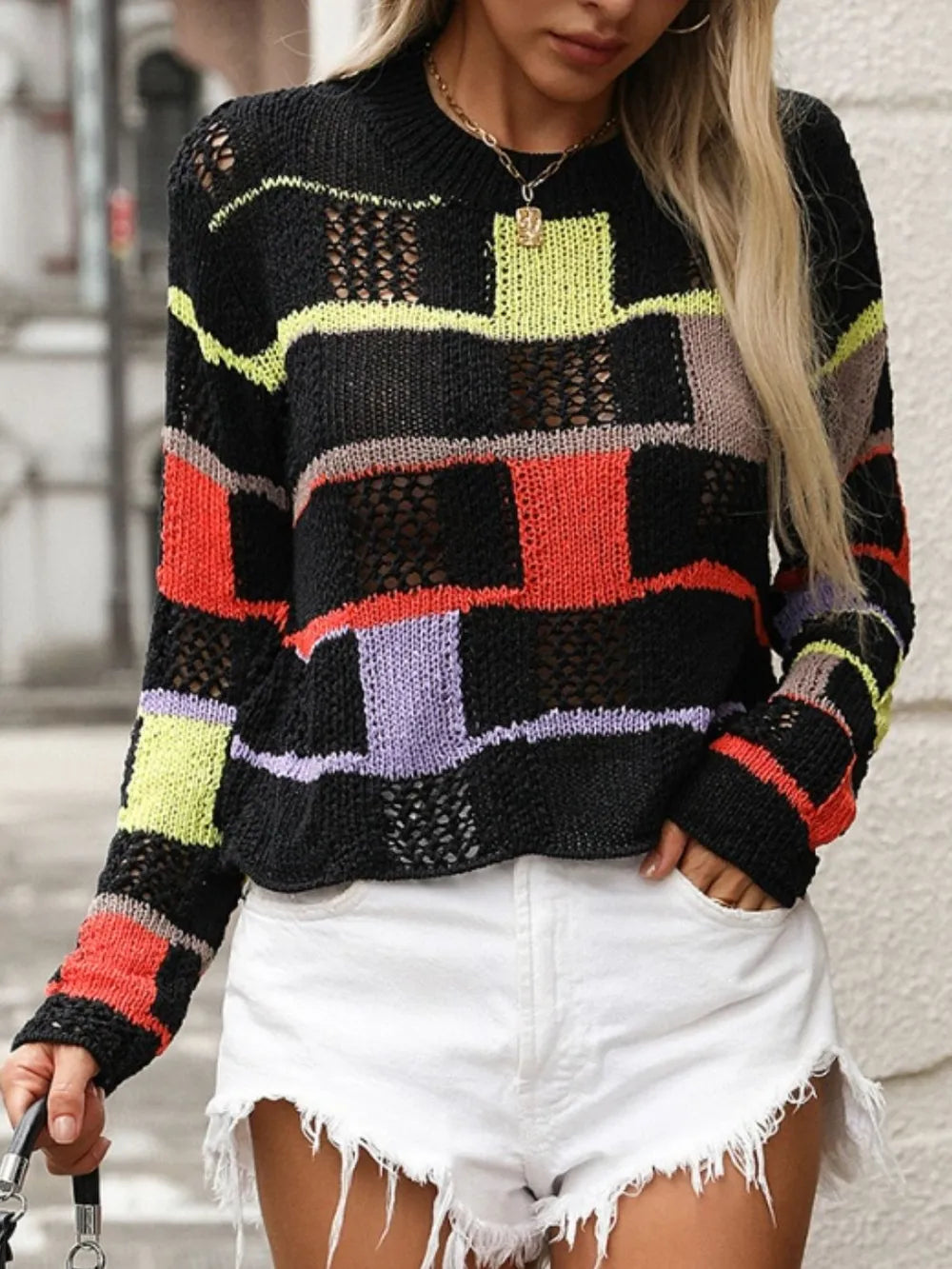 Openwork Color Block Round Neck Sweater - Draped in Grace