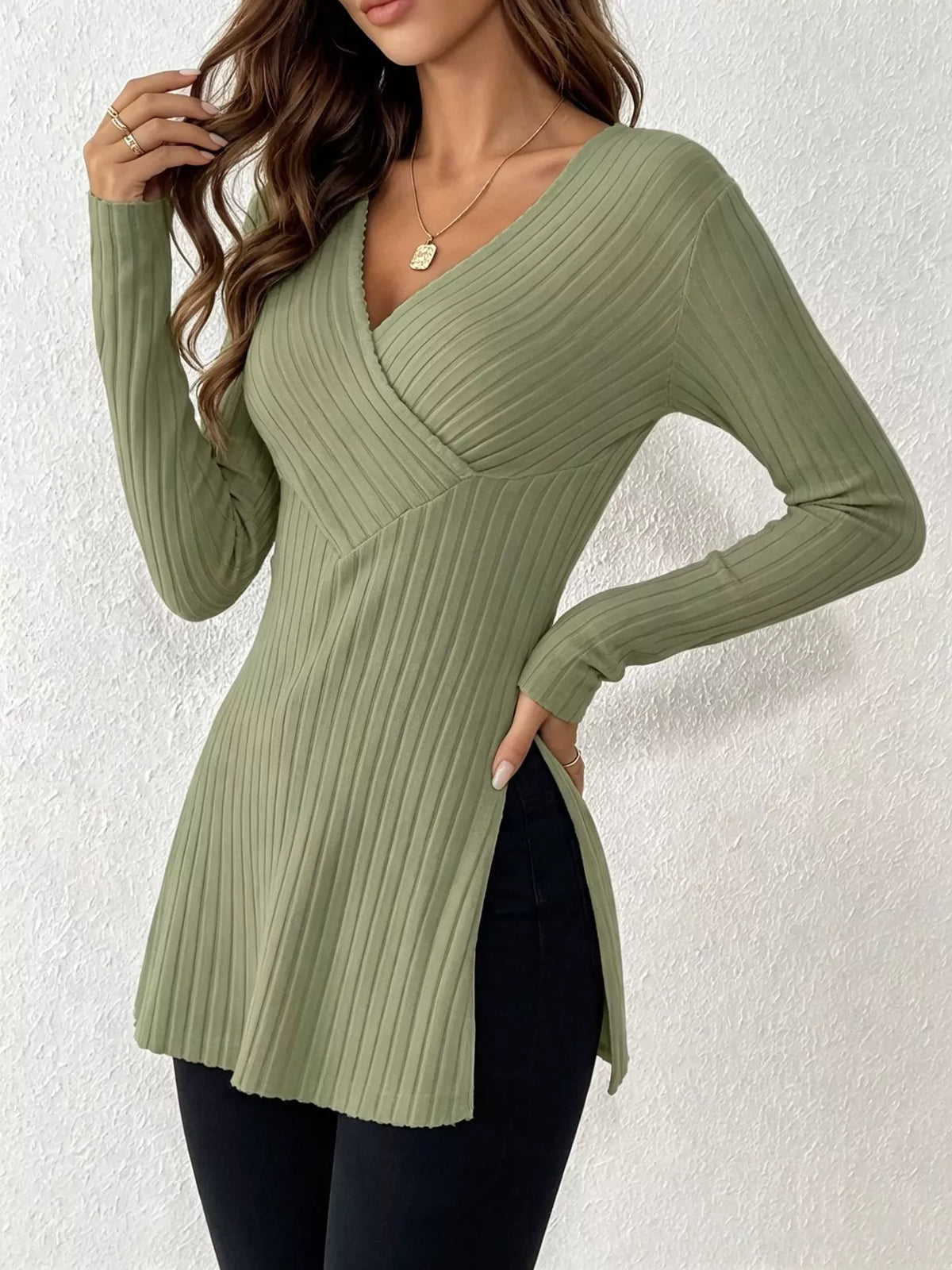 Ribbed Knit Long Sleeve Wrap T-Shirt with Side Slit - Draped in Grace