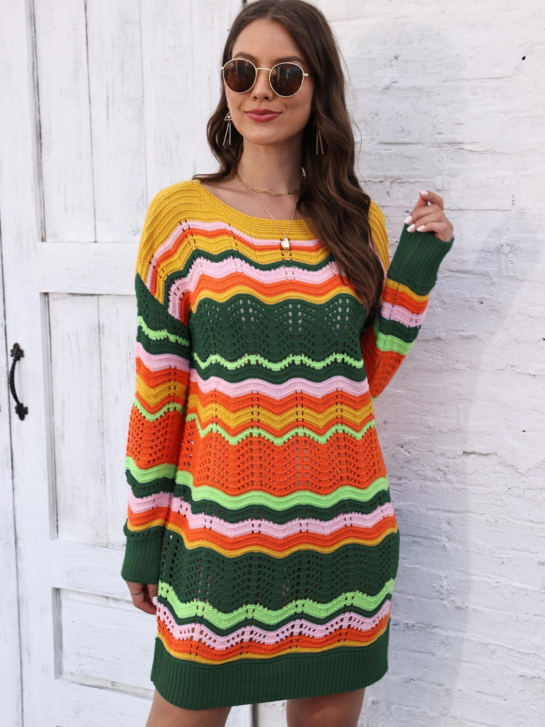 Openwork Round Neck Sweater Dress - Draped in Grace